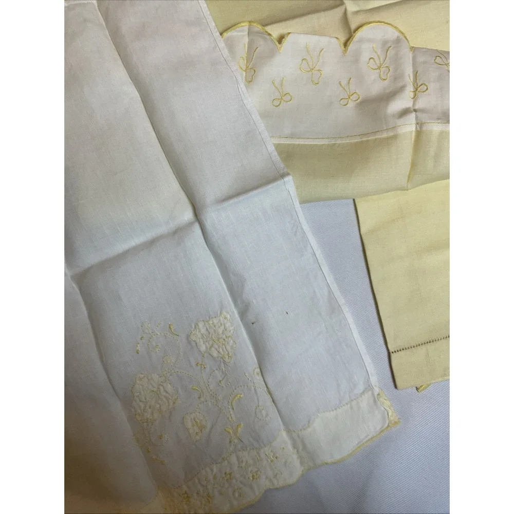 3 Vintage Napkins Hand Towels Yellow Embroidery Bows Flowers Cottagecore
